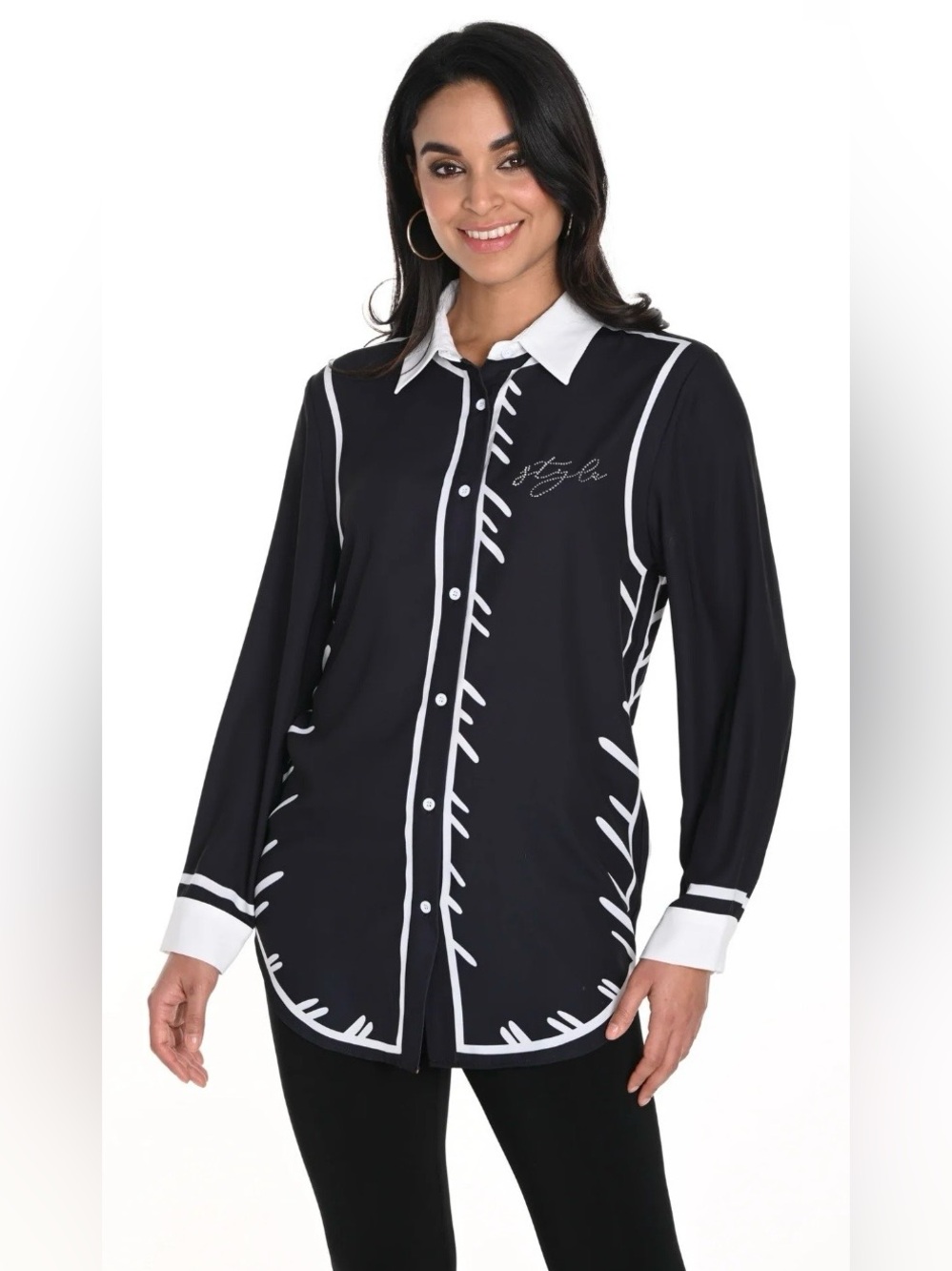 Frank Lyman Design Black Shirt with White Trim Button-Down